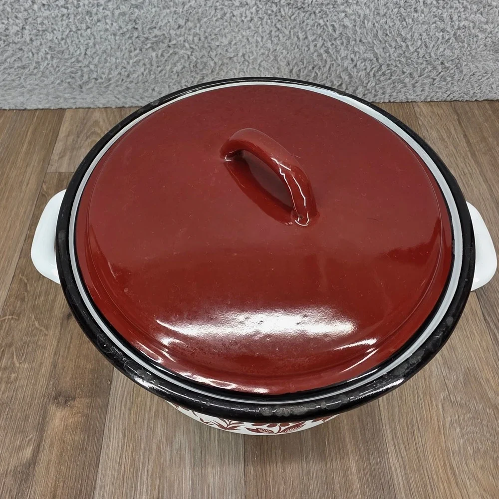 Vintage Floral Enamelware Stock Pot White Brown 24cm Retro Dutch Oven with Lid